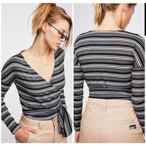 Free People Black White Always With Me Striped Crossover Wrap Top Size Large